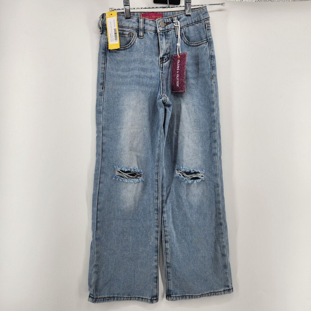 Gloss & Glitter Girls Size 8 Indigo Clem Wide Leg‎ Destructed Denim Jeans NWT